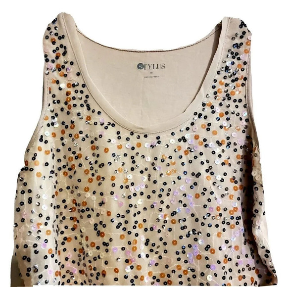 Stylus Shell Peach Medium Shimmer Sleeveless Top Sparkle Embellished Womens - Picture 3 of 3